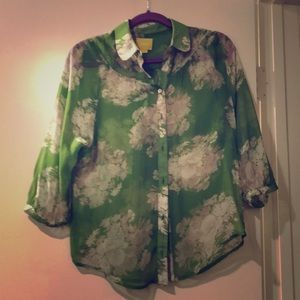 Anthropologie silk blouse in green floral